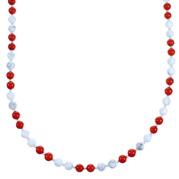 Howlite And Coral Sterling Silver Southwestern Bead Necklace RX114270